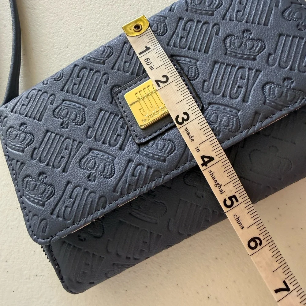 Juicy Couture Slate Blue Cross Body Wallet Purse 12 CC Slots Zips Close Embossed